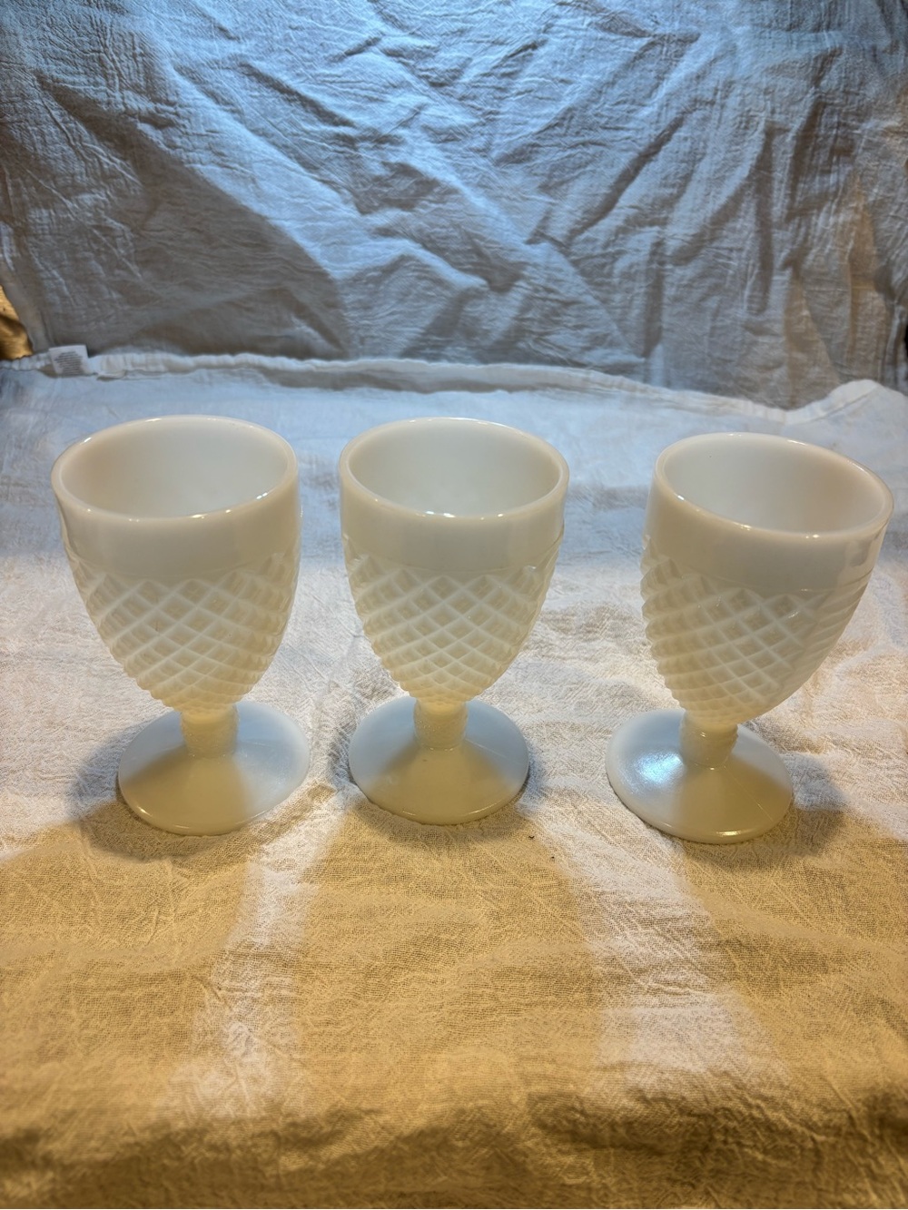 White Milk Glass Goblet Set - Elegant Diamond Pattern-3